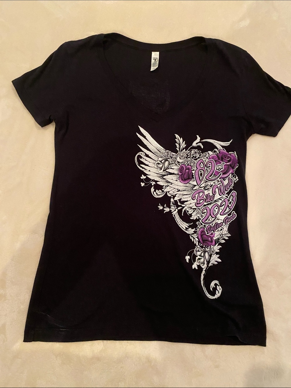 Harley-Davidson Black V-Neck Tee with Purple Floral Heart Graphic